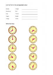 English worksheet: Fruit, colours and the time