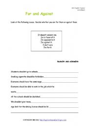English worksheet: for and against