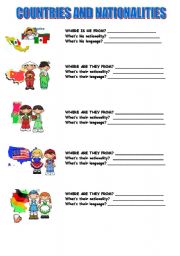 English Worksheet: COUNTRIES, NATIONALITIES AND LANGUAGES 3/4