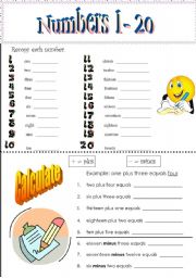 English Worksheet: Numbers 1-20