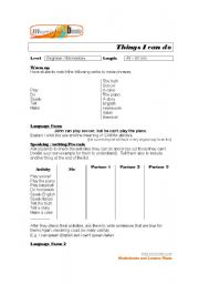 English worksheet: Things I can do Lesson Plan