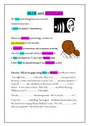 English Worksheet: HEAR and LISTEN (to)