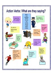 English Worksheet: Action Verbs: What are they saying? 1