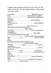 English worksheet: Present Continuous and Simple Present Exercises