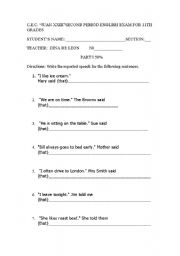 English Worksheet: WRITTEN EXAM ON REPORTED SPEECH