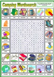 English Worksheet: CAMPING WORDSEARCH - (B&W VERSION INCLUDED)