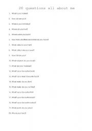 English Worksheet: 20 QUESTIONS ALL ABOUT ME