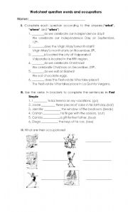 English worksheet: Worksheet on occupations, question words,and past simple
