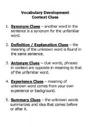 English worksheet: Vocabulary Development Context Clues 