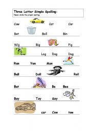 English worksheet: 3 Letter spelling match sheet 1