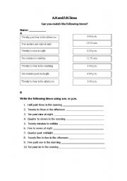 English worksheet: Matching a.m. and p.m. times