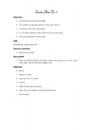 English Worksheet: Lesson Plan N1 -  Worksheets included (Parts of the body) 1/12