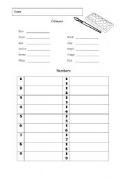 English worksheet: Translate the colours and write the numbers