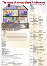 English Worksheet: The rooms of a house (there is / there are / to be / prepositions of place) - fully editable