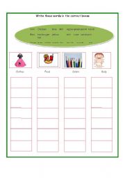 English worksheet: body, food, clothes, colors