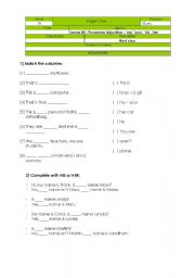 English worksheet: Possessive Adjectives: my, your, his, her + review about verb to be
