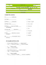 English Worksheet: Possessive Adjectives: my, your, his, her + review about verb to be