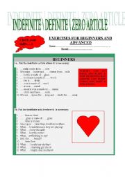 English worksheet: definite-indefinite-zero article