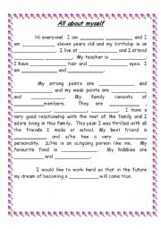 English Worksheet: all about myself