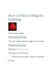 English Worksheet: How to Fold an Origami Ladybug