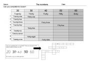 English worksheet: Fill in the boxes, numbers from 20 to 69