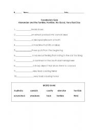 English Worksheet: Alexander and the Terrible, Horrible, No Good, Very Bad Day Vocab Quiz