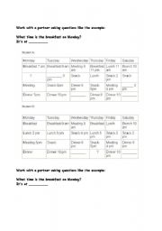 English worksheet: What time is the breakfast on Monday?