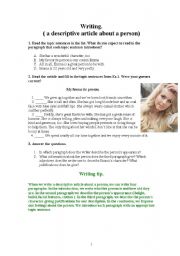 English Worksheet: Writing ( a descriptive article about a person )