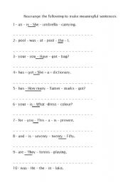 English worksheet: 12 sentences to arrange & 12 to puncttuate 