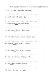 English Worksheet: 12 sentences to arrange & 12 to puncttuate 