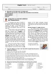 English Worksheet: Test  A- Holiday Camp for Internet Addicts