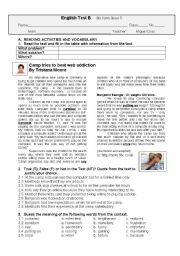 English Worksheet: Test B - Holiday Camp for young  Internet Addicts