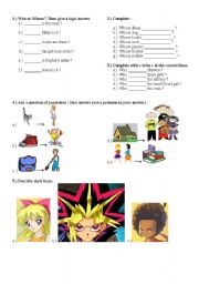 English Worksheet: exercises on who/whose and pronouns