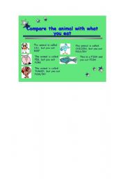 English worksheet: What do you eat? / Whats the animal?