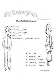 English Worksheet: Myself (Article A/An)