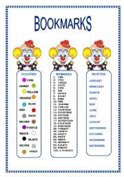 English Worksheet: BOOKMARKS: COLOURS,NUMBERS AND MONTHS