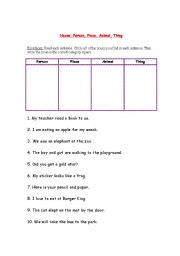 English worksheet: Nouns= Person, Place, Animal, Thing