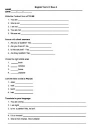 English worksheet: Englis Test n 2 Row A 