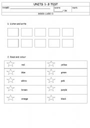 English worksheet: Numbers, colours, toys test