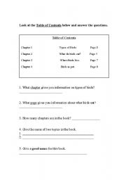 English worksheet: Table of Contents worksheet