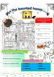 English Worksheet: In the haunted house...... There is /are. Parts of the house + Find a secret message. 