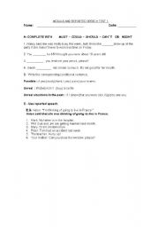 English worksheet: MODALS AND REPORTED SPEECH TEST 1