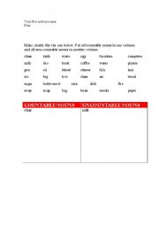 English Worksheet: Countable and UNcountable Nouns