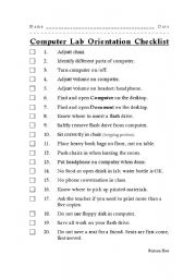 English Worksheet: Computer Lab Orientation Checklist