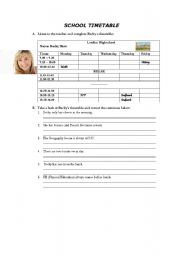 English Worksheet: School Timetable