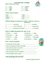 English Worksheet: Worksheet about singular-plural, there is-are, some-any