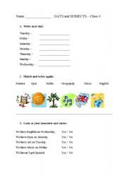 English Worksheet: Days and School Subjects