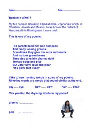 English Worksheet: Poetry Rhymimg words in poems by Benjamin Zephaniah