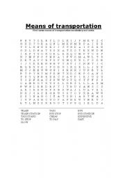 English Worksheet: means of transportation word search