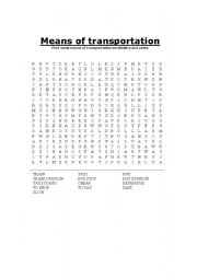 English Worksheet: means of transportation word search